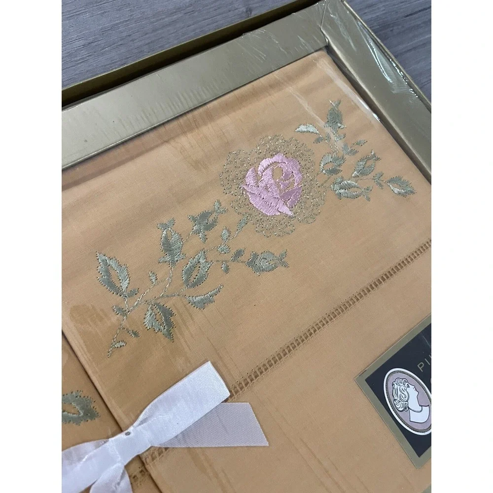 Vintage Riegel Orange Pillowcase‎ Pair Embroidered Roses Gift Set